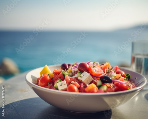 Close up Greek Salad opp Sea Background