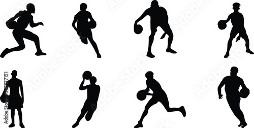 set of silhouettes of  playing volleyball people