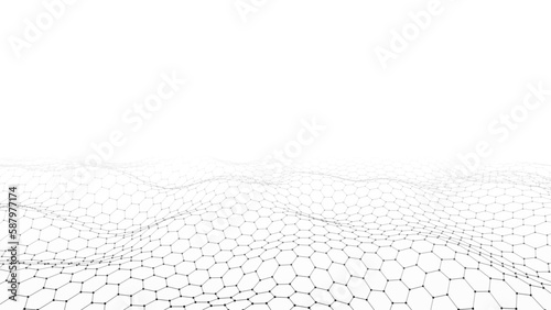 White hexagon wave with motion dots and lines. Abstract digital background. Concept connection big data. Futuristic technology backdrop. 3D rendering.