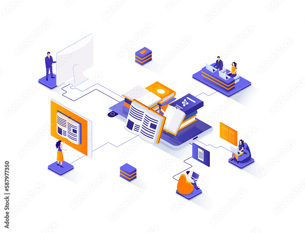 Online library isometric web banner. E-library application isometry concept. Electronic books service 3d scene, distance education and knowledge flat design. Illustration with people characters. Online library isometric web banner. E-library application isometry concept. Electronic books service 3d scene, distance education and knowledge flat design. Illustration with people characters.