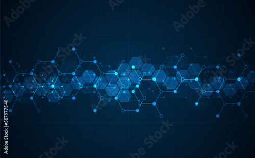 Hexagons pattern on blue background. Genetic research, molecular structure. Chemical engineering. Concept of innovation technology. Used for design healthcare, science and medicine background