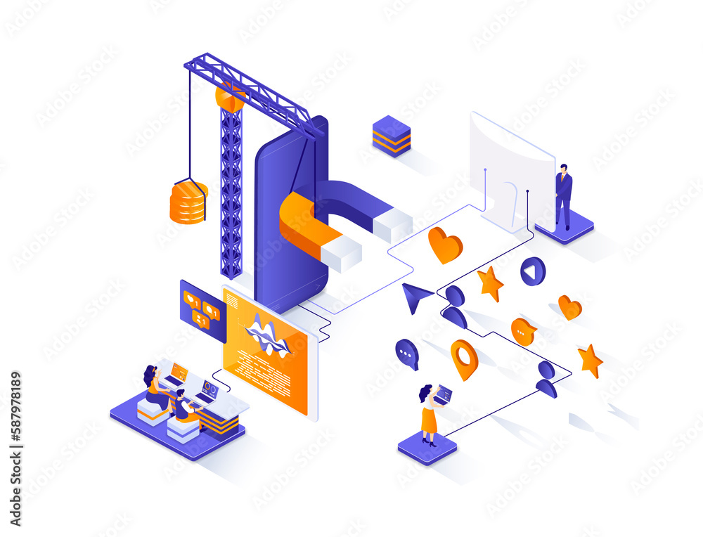 SMM isometric web banner. Digital marketing, advertising campaign isometry concept. Announcement and promotion 3d scene, attraction of new clients design. Illustration with people characters. SMM isometric web banner. Digital marketing, advertising campaign isometry concept. Announcement and promotion 3d scene, attraction of new clients design. Illustration with people characters.
