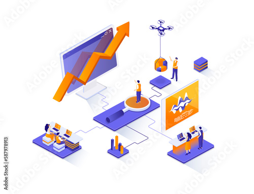 Web analytics isometric web banner. Online business analytics isometry concept. Data analysis service 3d scene, stock trading information flat design. Illustration with people characters. © alexdndz