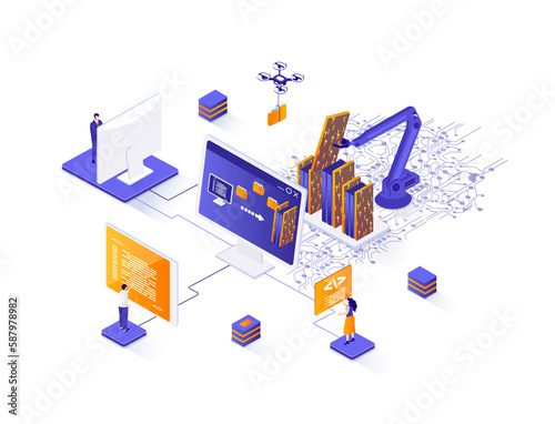 Web scraping isometric web banner. Data extraction software isometry concept. Process of automatic collecting and parsing raw data from web 3d scene design. Illustration with people characters.