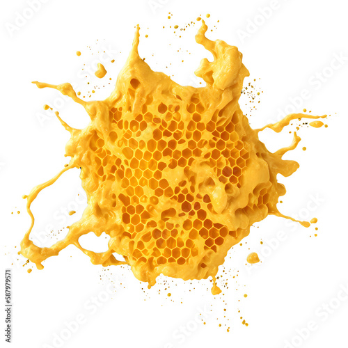 realistic honeycomb with melted honey isolated on white background. Transparent PNG is available. Generative AI. 