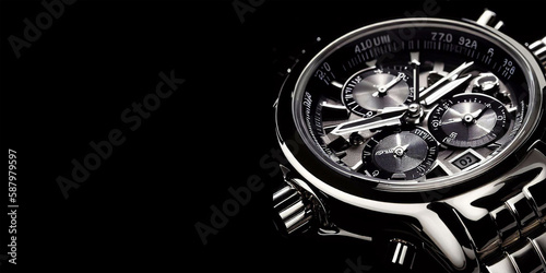 Luxury man's chronograph watch boasts a stunning stainless steel casing, a sleek black face with bold white numbers. Ai generated image. photo