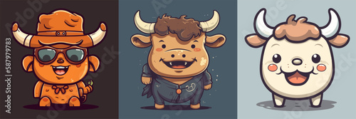 Flat color vector of happy bull set collection