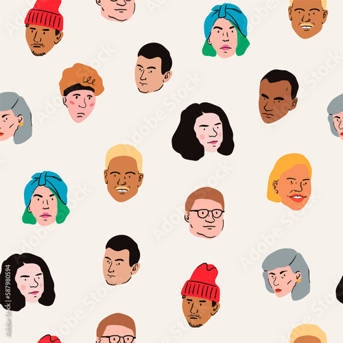 Various portraits of men and women. Diverse stylish people. Trendy modern art. Cartoon, minimal, abstract contemporary style. Hand drawn Vector illustration. Square seamless Pattern