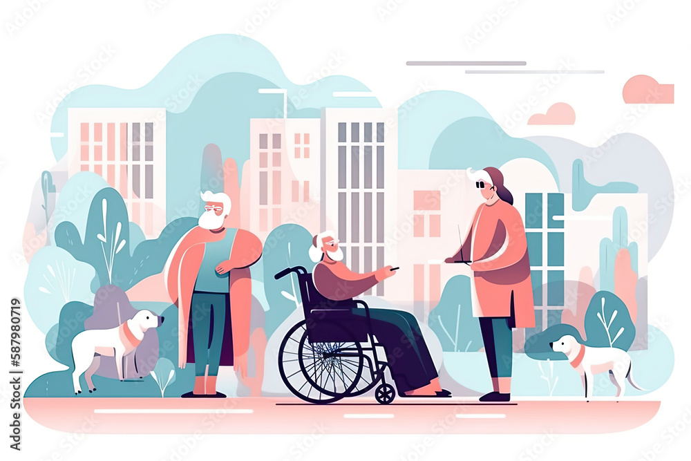Volunteer Character Help Old Disabled People in Nursing Home Volunteer Character Help Old Disabled People in Nursing Home