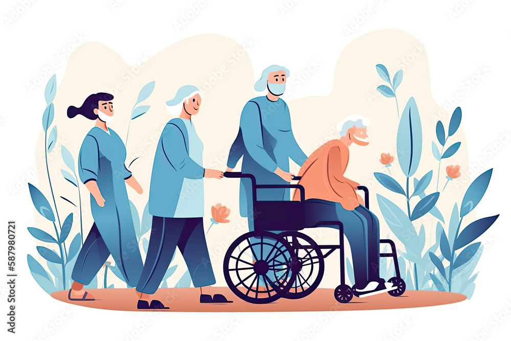 Volunteer Character Help Old Disabled People in Nursing Home