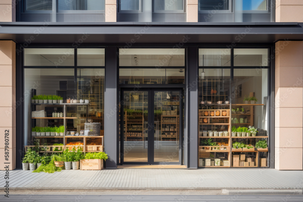 Modern grocery store exterior featuring a large window display and contemporary interior. Front view. Generative AI. - obrazy, fototapety, plakaty 