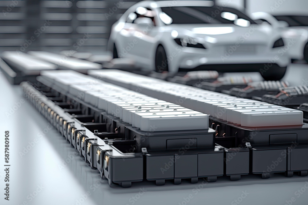 electric cars with pack of battery cells module on platform in a row