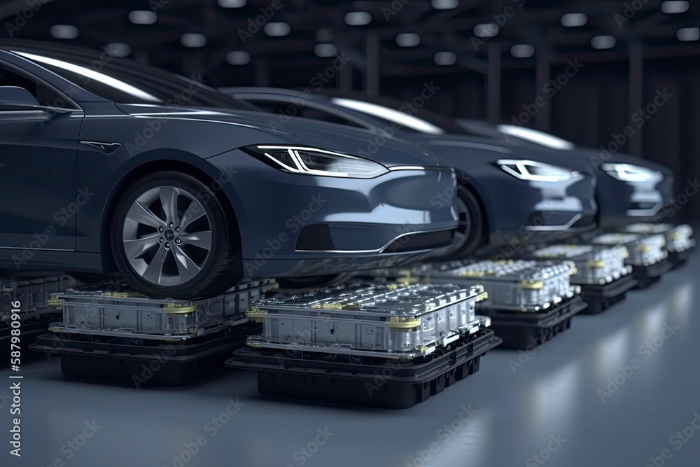 Fototapeta premium electric cars with pack of battery cells module on platform in a row