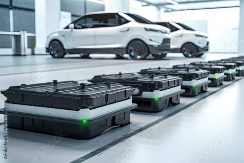 electric cars with pack of battery cells module on platform in a row © surassawadee