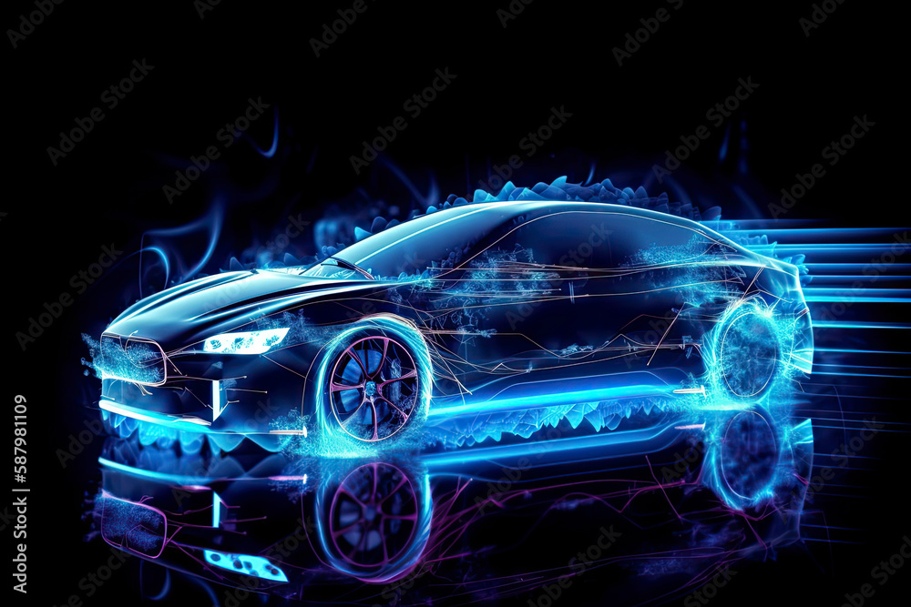 Naklejka premium Abstract speed electric cars In the illustration, electric cars are powered by electric energy. Future energy.on blue background