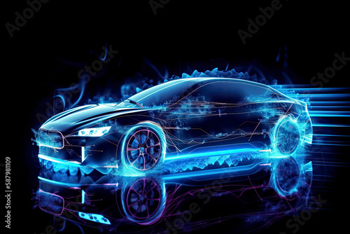 Abstract speed electric cars In the illustration  electric cars are powered by electric energy. Future energy.on blue background