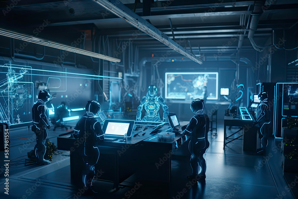 Obraz premium Computer aided manufacturing M2M automation technology industry 4.0 engineering, 3D robot teamwork working meeting in factory futuristic metaverse cyber digital world