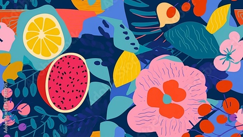 Seamless pattern, fruits plants, and flowers , generative aI