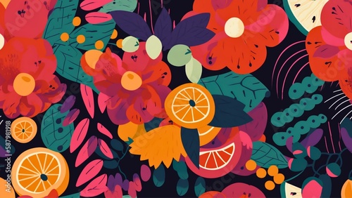 Seamless pattern, fruits plants, and flowers , generative aI