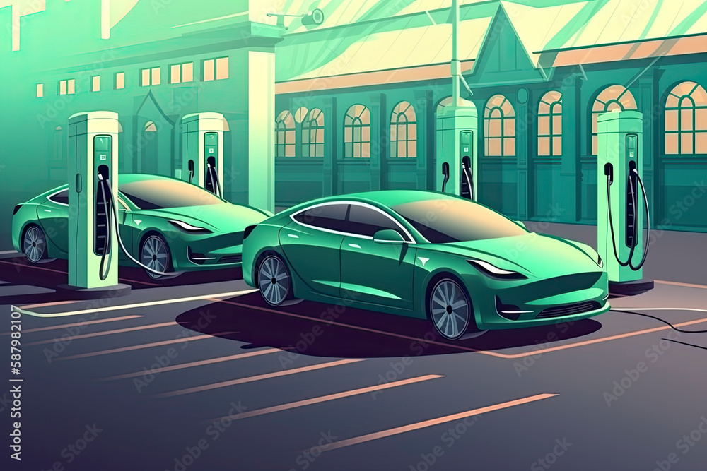 Electric car charging on empty parking lot area with fast supercharger station and many free charger stalls. Vehicle on electricity network grid. Isolated flat vector illustration
