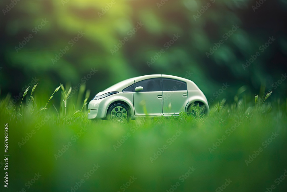 electric car with green leaf icon on blur grass background, ecology and environment concept electric car with green leaf icon on blur grass background, ecology and environment concept
