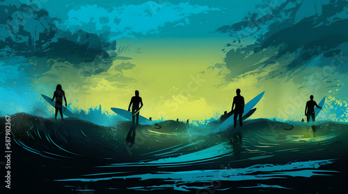 surfers enjoying the ocean with vibrant shades of blue and green generative art