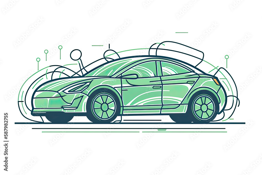 Green eco car with charge plug isolated hybrid vehicle thin line icon