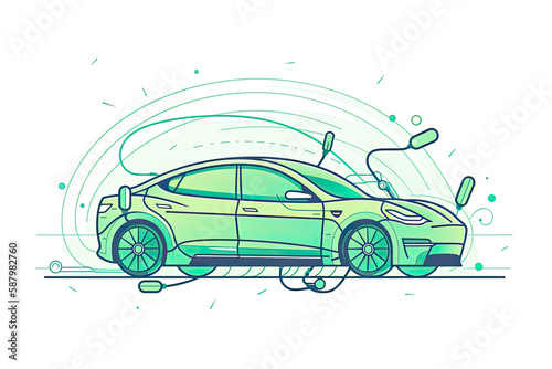 Green eco car with charge plug isolated hybrid vehicle thin line icon