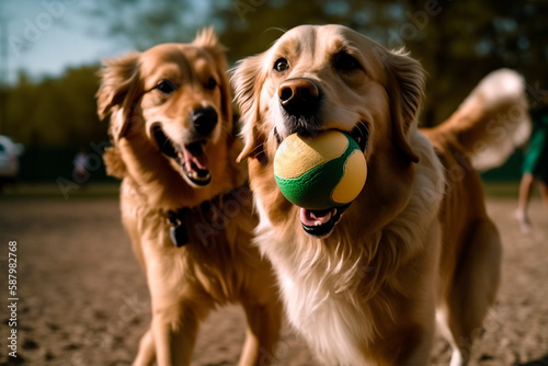 dogs in the park playing with a ball Generative AI