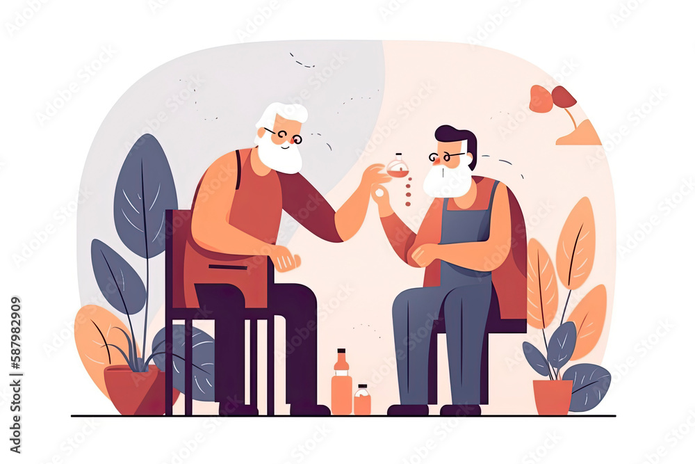 Obraz premium Volunteer Character Help Old Disabled People in Nursing Home. Young Social Worker Care of Sick Senior Woman Driving her on Wheelchair, Volunteering Healthcare, Medical Aid.