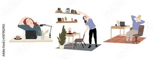 Set of stretching cartoons female at workplace