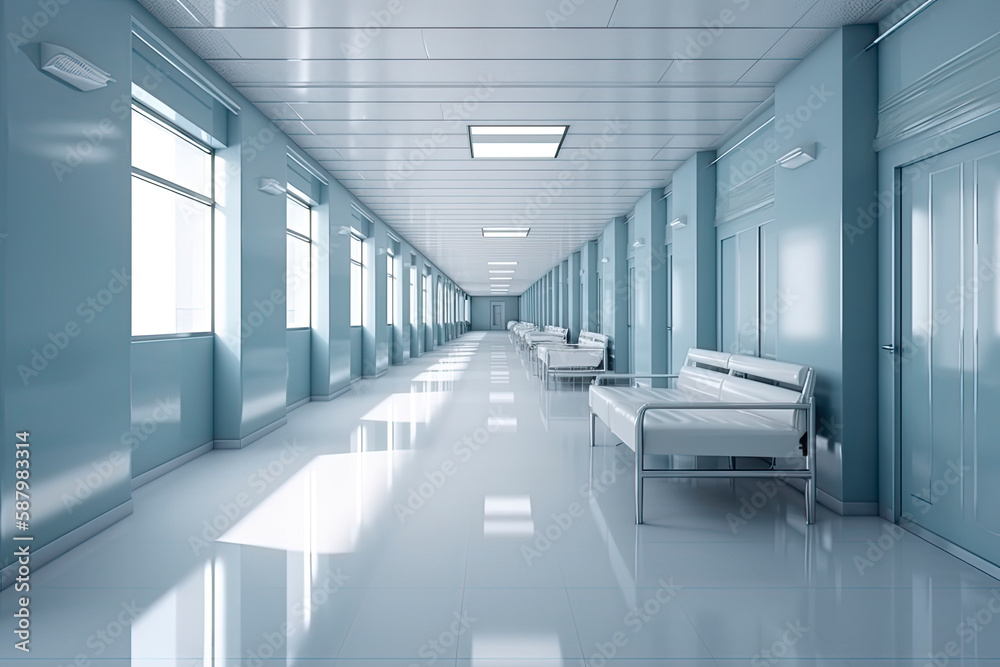 Long hospital bright corridor with rooms and blue seats 3D rendering Long hospital bright corridor with rooms and blue seats 3D rendering