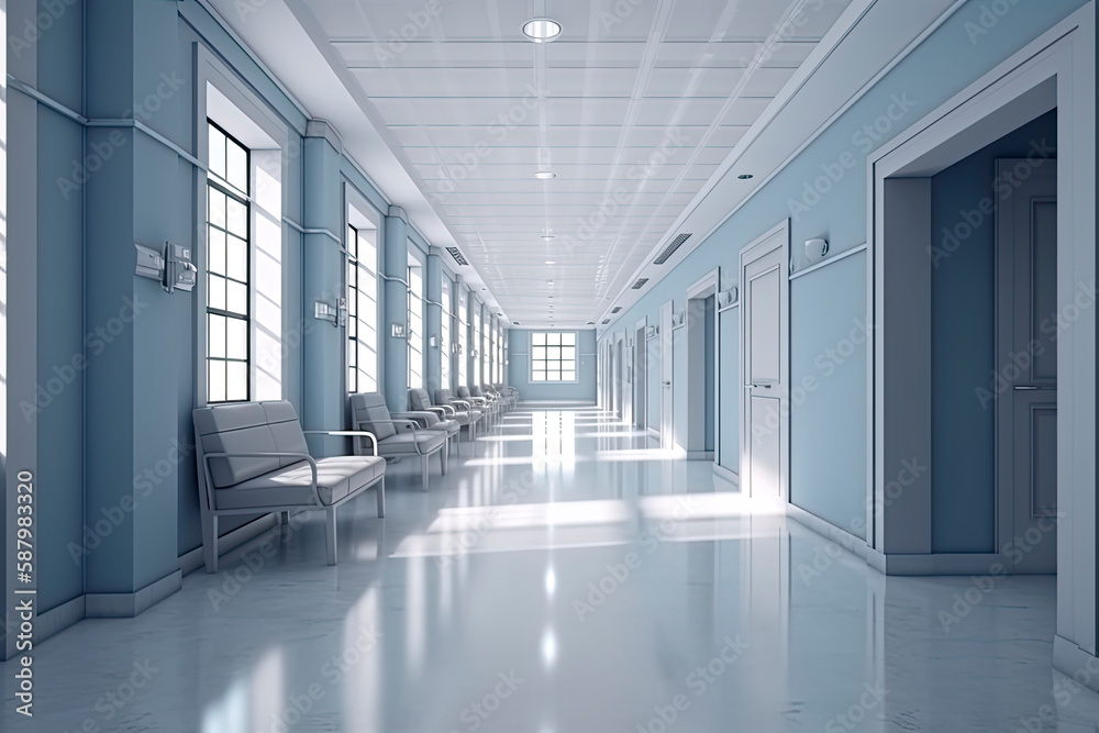 Fototapeta premium Long hospital bright corridor with rooms and blue seats 3D rendering