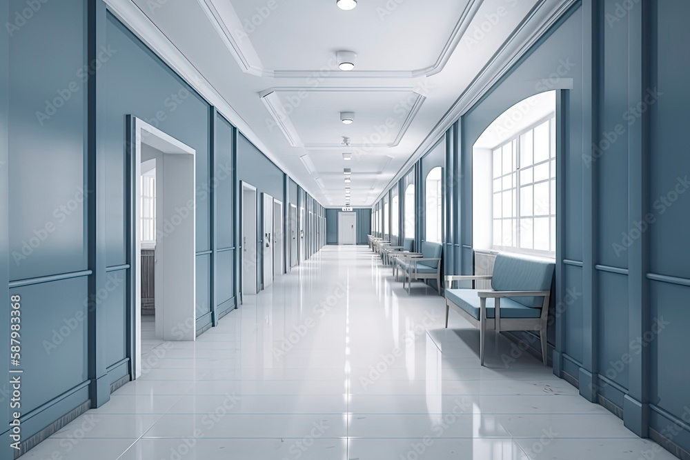 Obraz premium Long hospital bright corridor with rooms and blue seats 3D rendering