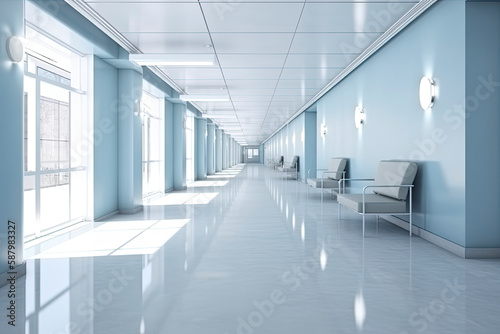 Long hospital bright corridor with rooms and blue seats 3D rendering