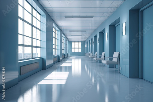Long hospital bright corridor with rooms and blue seats 3D rendering