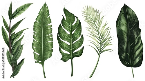 Set of Tropical Leaf Isolated on White Background, Image Ai Generated