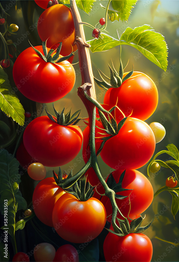 Juicy tomatoes ripen on a bush in the sun. AI generated.