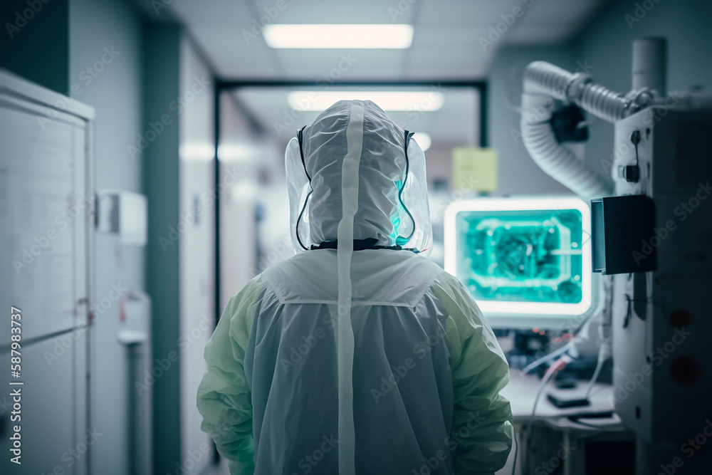 doctor in a protective suit and face mask in the virus ward of the hospital coronavirus pandemic Generative AI doctor in a protective suit and face mask in the virus ward of the hospital coronavirus pandemic Generative AI