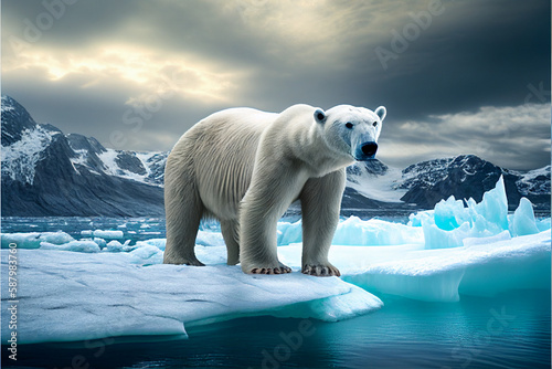 Polar bear on an ice floe against the background of icebergs. AI generated © StockMediaProduction