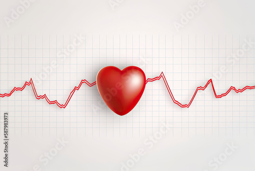 Red heart with white pulse line on white background. Heart pulse, heartbeat lone