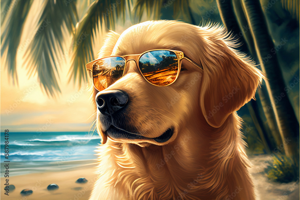 Portrait of Dog in sunglasses at the resort. AI generated