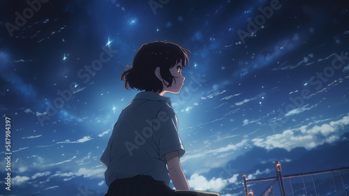 A girl looking up at the night sky Generative AI 夜空を見上げる少女 画像生成AI