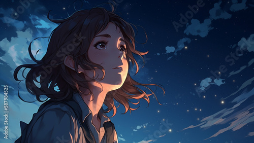 A girl looking up at the night sky Generative AI 夜空を見上げる少女 画像生成AI