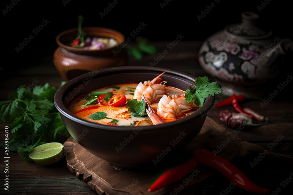 Yom yum kung spicy Thai soup with shrimp in a black bowl. Thailand food. Taste of heritage. Generative AI Yom yum kung spicy Thai soup with shrimp in a black bowl. Thailand food. Taste of heritage. Generative AI