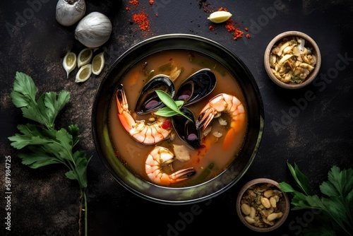 Yom yum kung spicy Thai soup with shrimp in a black bowl. Thailand food. Taste of heritage. Generative AI