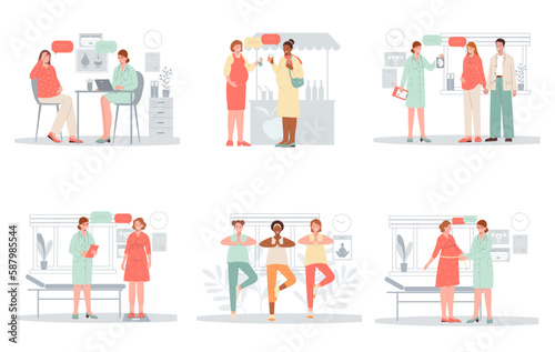 Set about pregnancy and motherhood. Healthy pregnancy concept. Flat illustration.