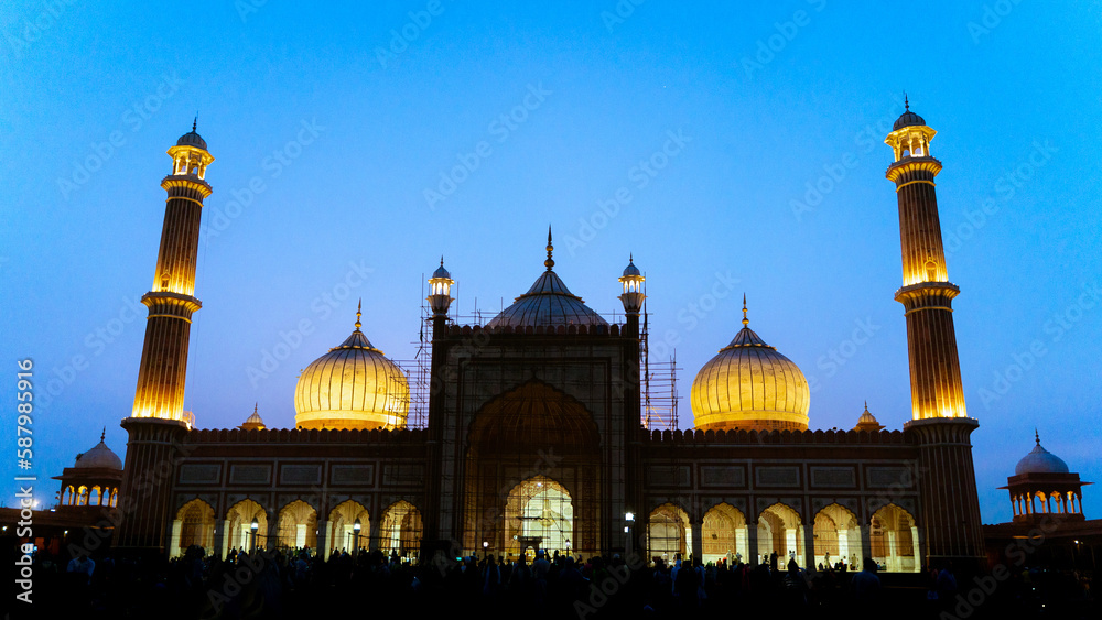 Night view of Jama Masjid, one of the largest Indian mosques, built by mughal, located in New Delhi, India