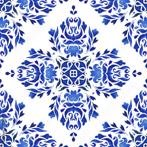 Damask seamless ornamental watercolor Portuguese ceramic tile design. Gorgeous mediterranean arabesque paint pattern.