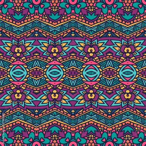 Ethnic boho geometric psychedelic colorful print with doodle Vector seamless pattern Bohemian style